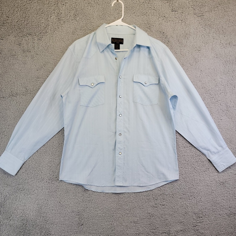 Buffalo Country Western Shirt‎ Men's Medium Blue Striped Pearl Snap Long Sleeve
